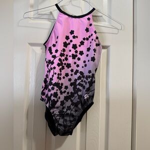 GK Simone Biles Pink and Black Floral gymnastics leotard.